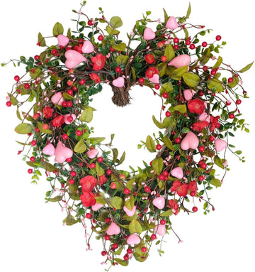 22 Inch Valentine Heart-Shaped Wreath, Pink Flower Heart Berry Green Leaf Decor for Front Door Window Wall Porch