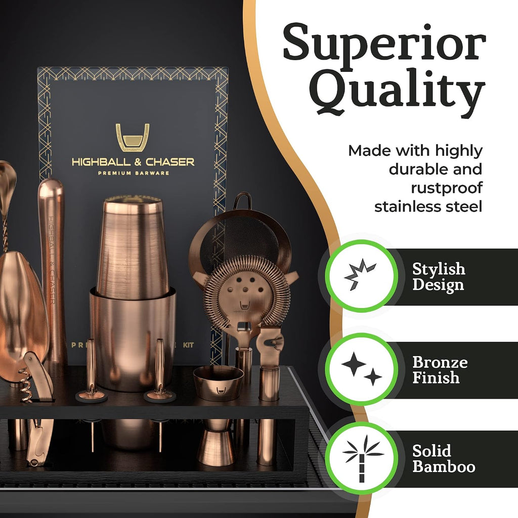 Bartender Kit with Black Bamboo Stand Beautiful Cocktail Shaker Set and Bar Tools Stainless Steel Boston Shaker - Set of 11