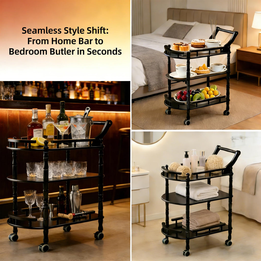 Entertainment Kitchen Cart, Midcentury Modern Imported rubberwood Black Finished Wood 3-Tier Mobile Bar Cart Serving