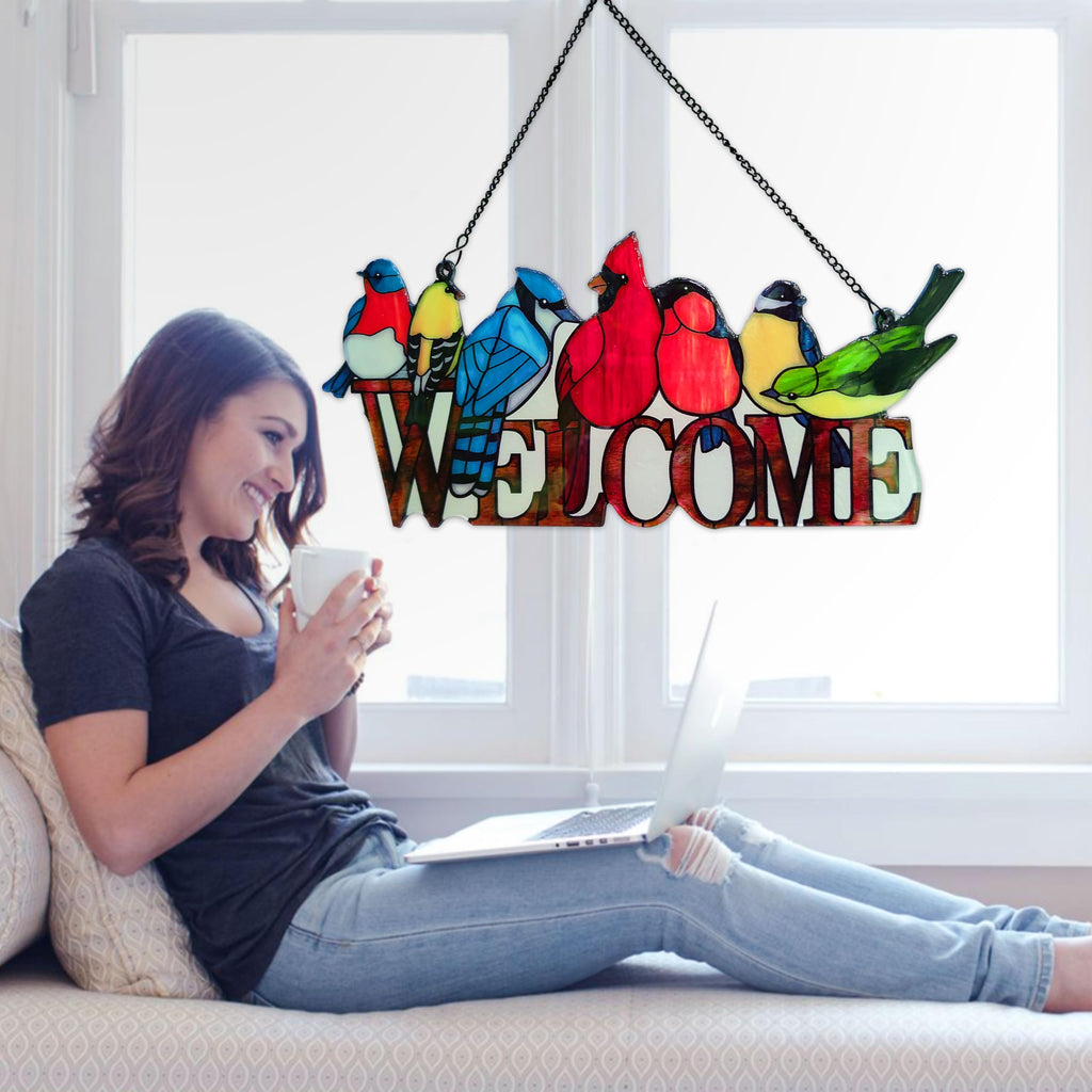 Birds On Branch Stained Glass Suncatcher Cardinal Hummingbird Kingfisher Double Side Glass Panel Window Hanging Decor