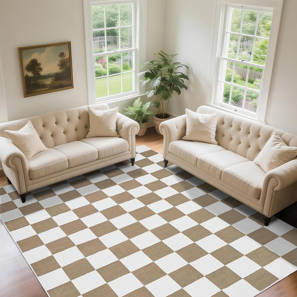 Washable Checkered Rug, 5x7 ft Beige and White Rug, Low Pile Area Rugs with Non-Slip Backing Playroom Classroom