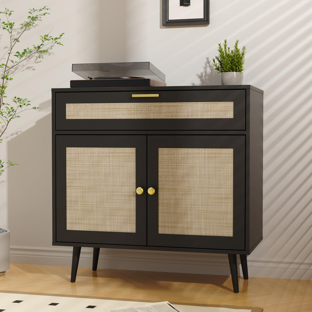 Rattan Sideboard Buffet, Boho Kitchen Cabinet with Drawer & 2 Doors, Modern Mid Century Accent Cabinet with