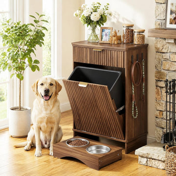 Dog Feeding Station with Storage Cabinet & 2 Elevated Bowls, Hooks, Walnut