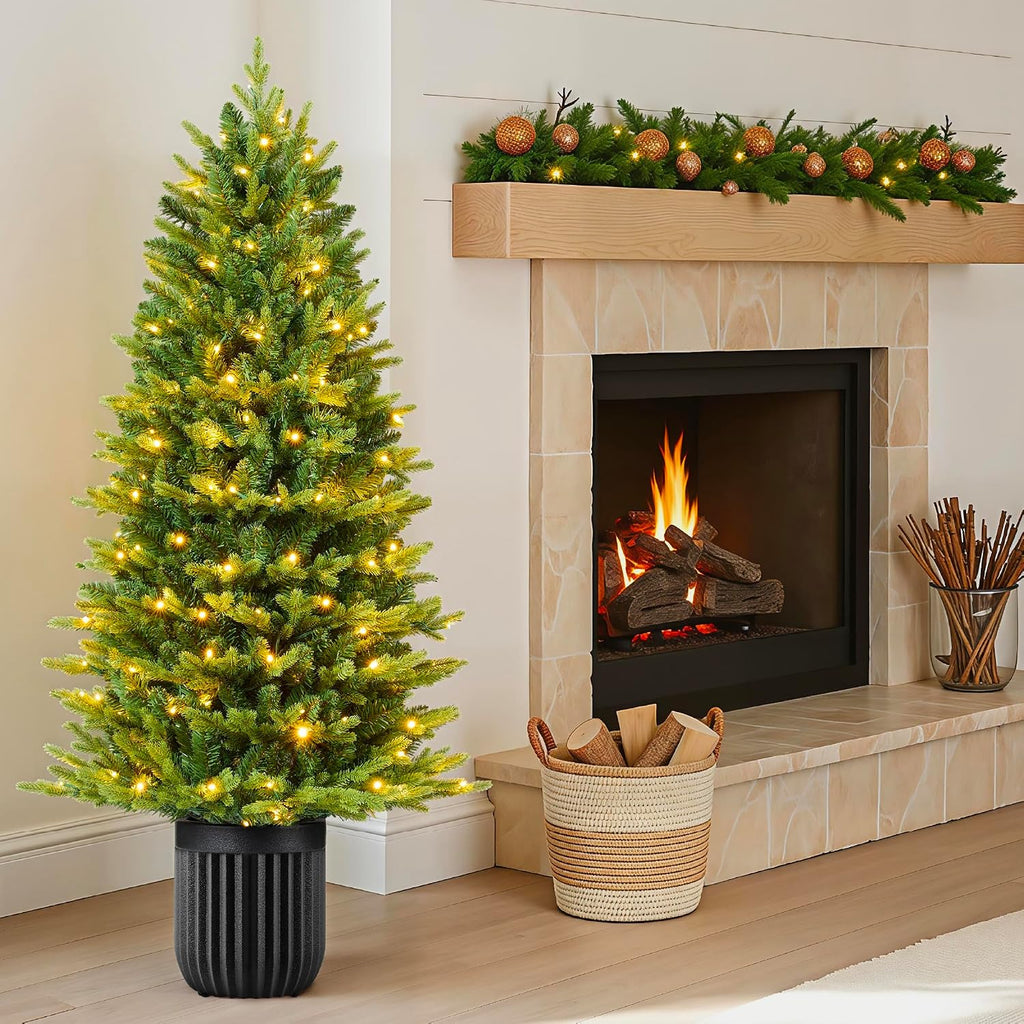 Prelit Potted Pencil Christmas Tree, 4.5Ft Realistic Artificial Lighted Holiday Décor, 175 Twinkling LEDs , Porch