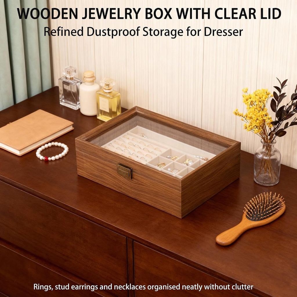 2-Layer Glass Lid Walnut Jewelry Box,Wooden Jewelry Organizer