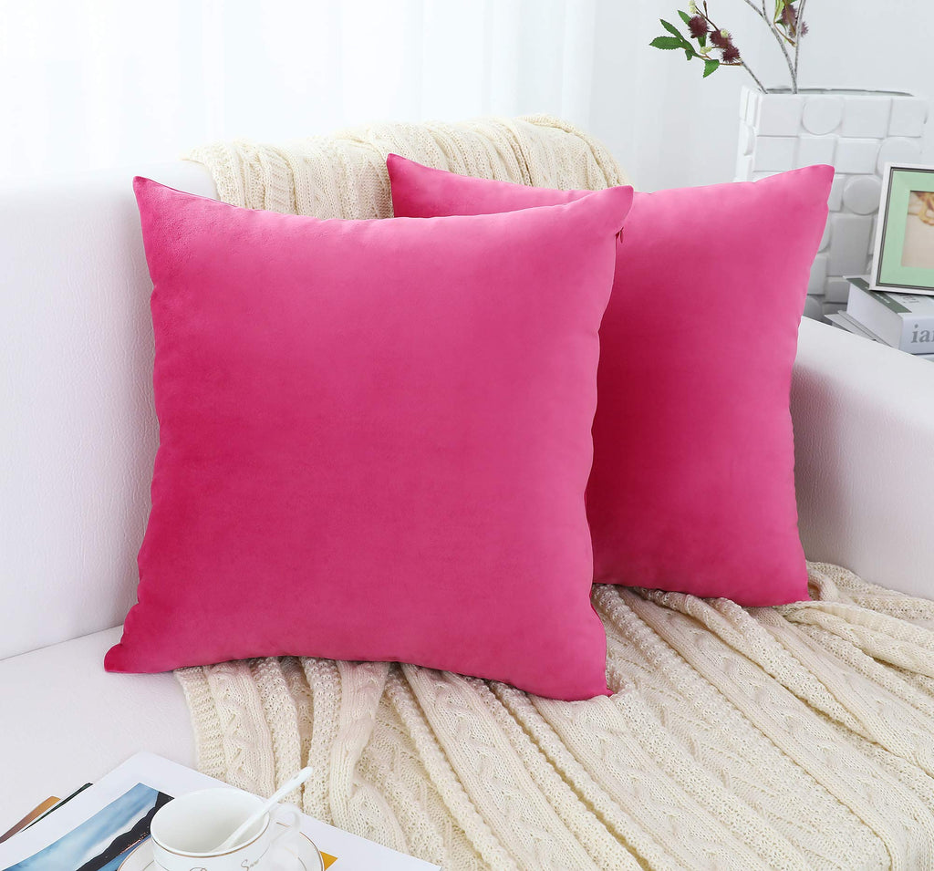 Comfy Soft Thick Velvet Throw Pillow Covers Decorative Solid Square Couch Cushion Cases Sofa Car Decor (Hot Pink, 20