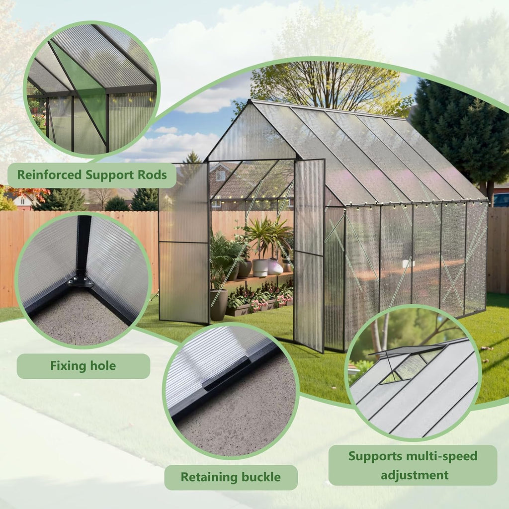 8x10 FT Greenhouse for Outdoors, Heavy-Duty Polycarbonate Greenhouse | Backyard Greenhouse Kit with Adjustable Roof