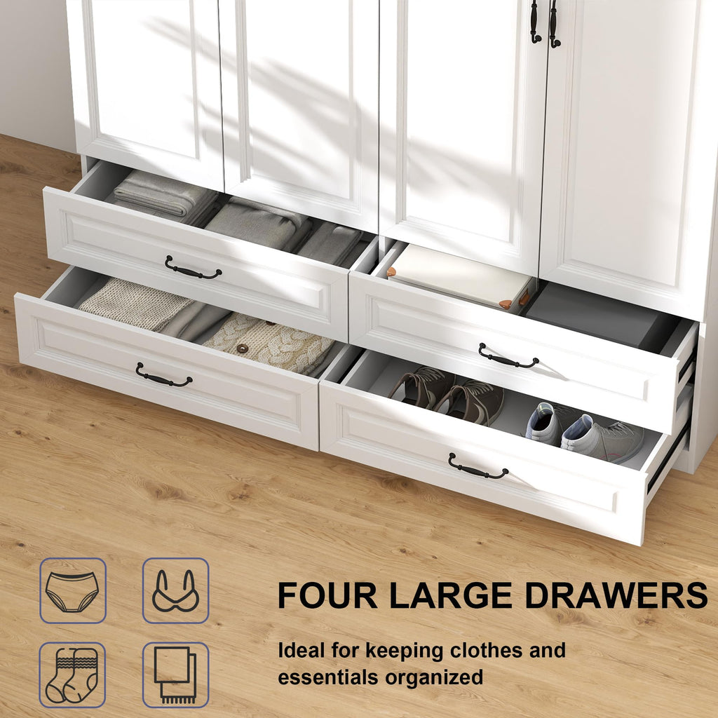White Armoire Wardrobe Closet with 4 Drawers, 88" Tall x 63" Wide