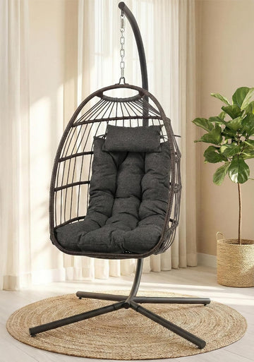 Hanging Egg Chair with Stand - Wicker Rattan Outdoor Swing Chair, Powder-Coated Steel Frame, Padded Cushion &