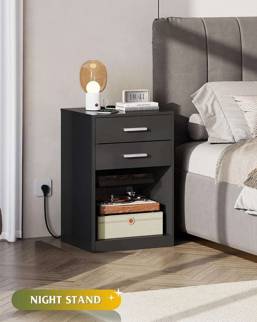 Nightstand Set of 2 with Charging Station, Wood Night Stand Sets with 2 Drawers and Open Shelf, Bed Side Tables
