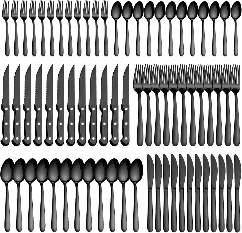 72 Pieces Black Silverware Sets for 12 - Dishwasher Safe, Flatware Set with Steak Knives, Stainless Steel Cutlery Set