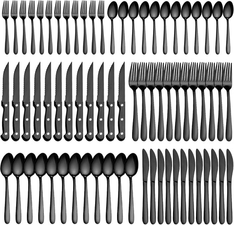 72 Pieces Black Silverware Sets for 12 - Dishwasher Safe, Flatware Set with Steak Knives, Stainless Steel Cutlery Set
