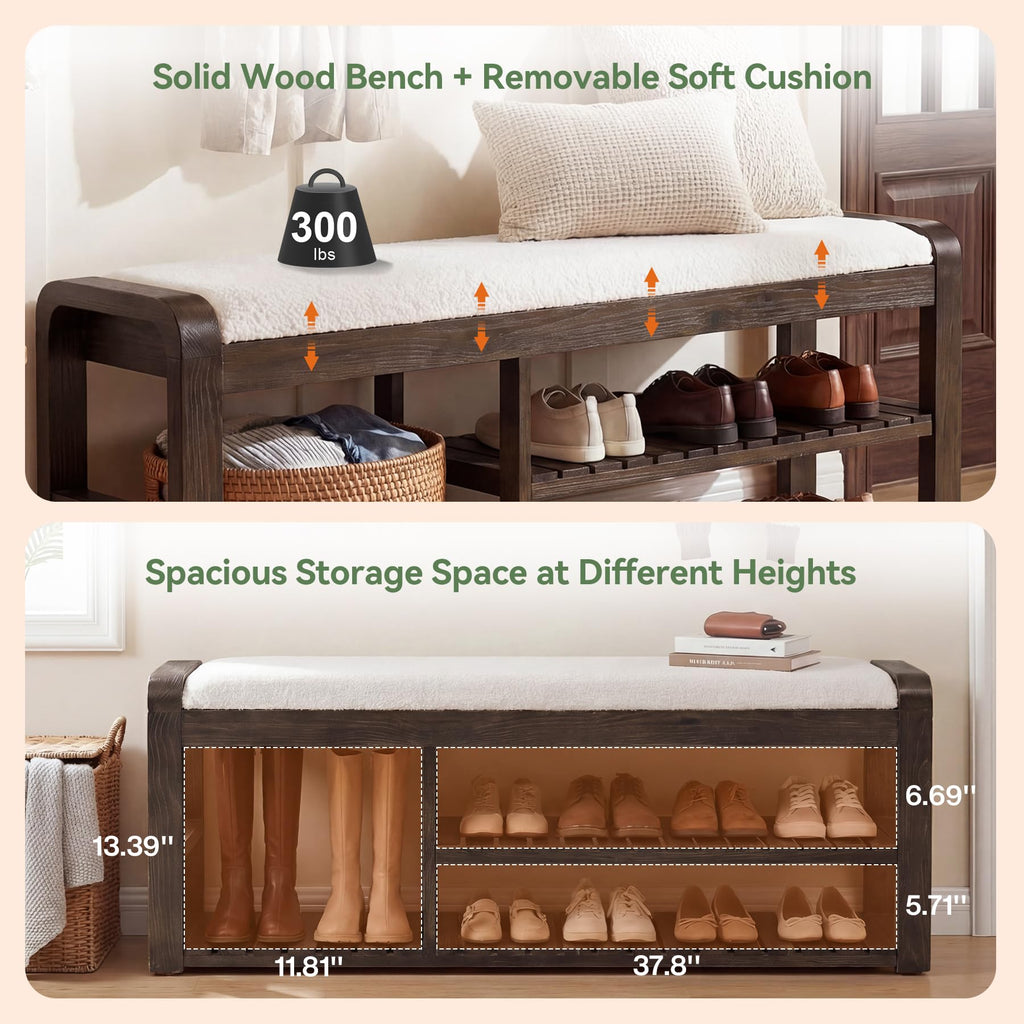 55" Shoe Storage Bench with Removable Cushion, 2-Tier Farmhouse Solid Wood Entryway Shoe Rack, End of Bed Storage