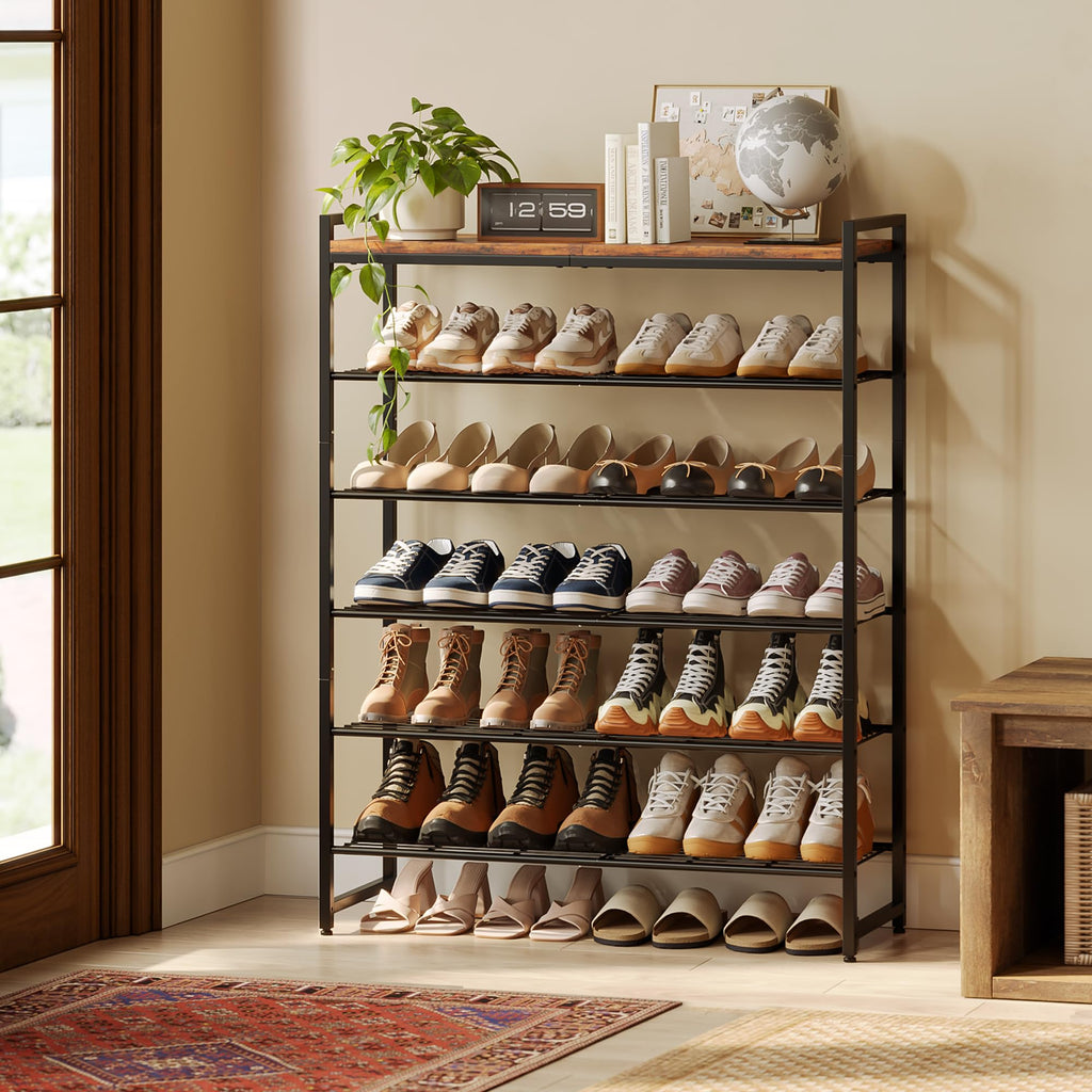 6 Tier Shoe Rack Organizer for 24-30 Pairs, Tall Metal Shoe Storage Shelf with Wood Top, Adjustable Boot Space