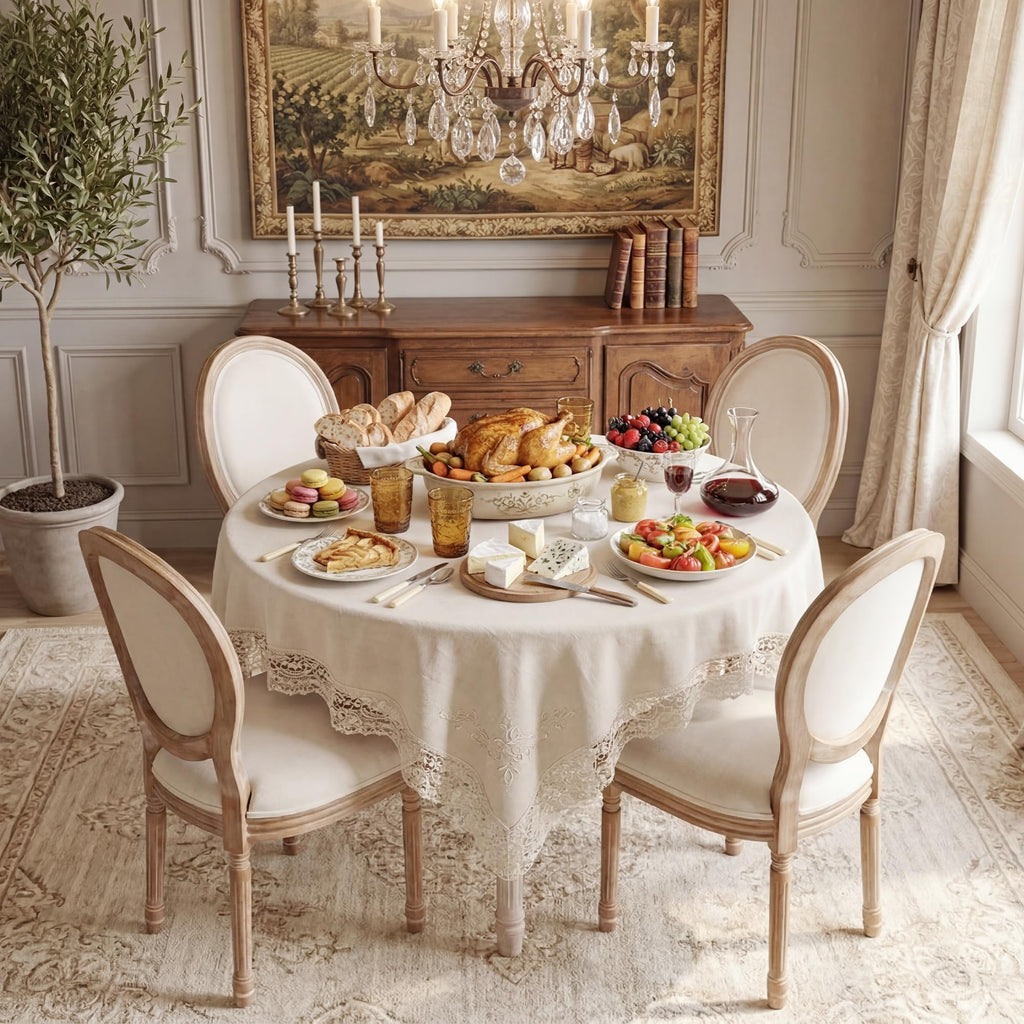 Dining Chairs Set of 2 Beige Fabric Round Back with Solid Wood Legs and Frame for French Country Kitchen Dining Room