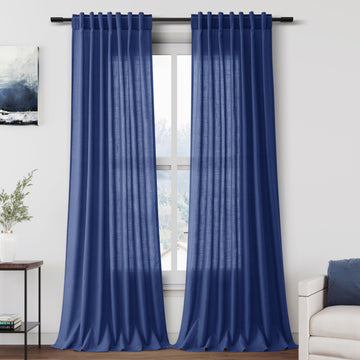 Classic Blue Linen Curtains 102 Inches Long Rod Pocket Back Tab Drapes 2 Panels Set Bedroom Light Filtering Semi