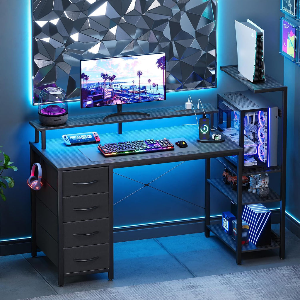 51 Inch Gaming Desk with Drawers & PC Tower Stand & LED Lights, Black | Reversible, Monitor Shelf, Power Outlets