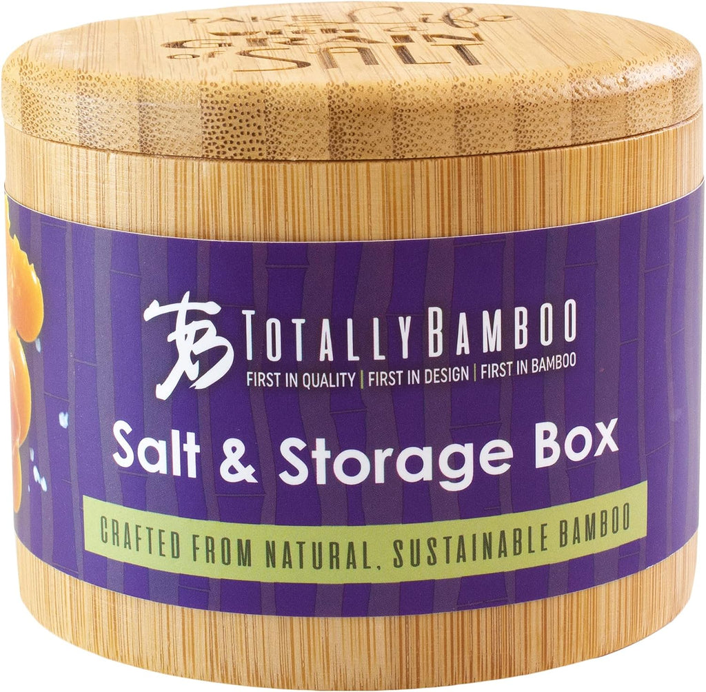 Salt Cellar Bamboo Storage Box with Magnetic Swivel Lid, 6 Ounce Capacity, "Take Life with a Grain of Salt" Engraved