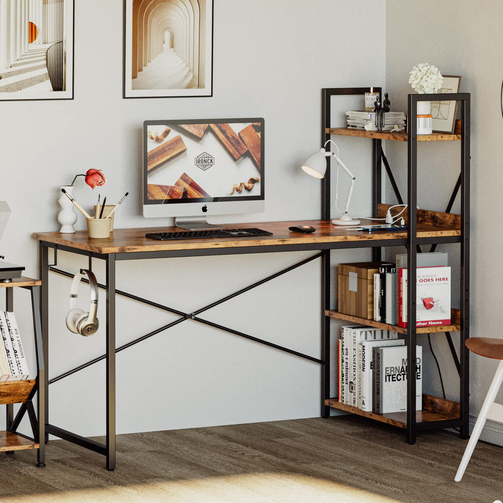 Computer Desk 55" with Power Outlet and Storage Shelves, Rustic Brown