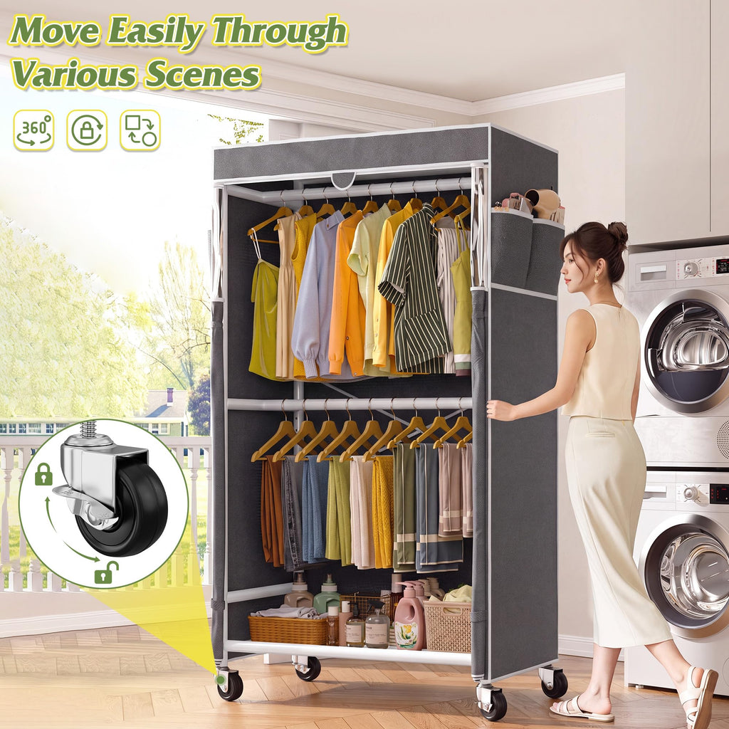 Rolling Clothes Rack with Cover, Heavy Duty Clothing Rack with Wheels, 120+ Garments Storage, Freestanding Portable