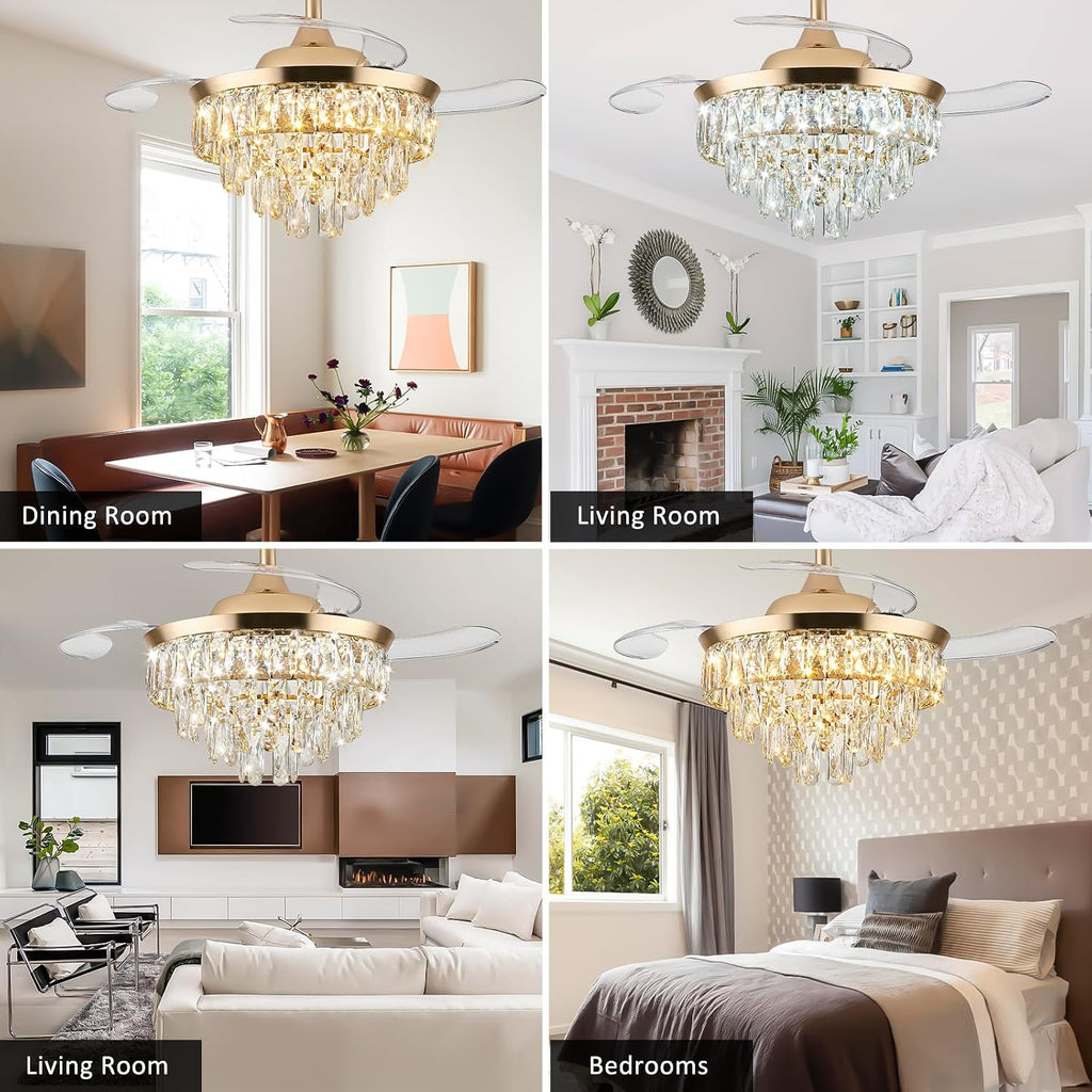 36" Crystal Ceiling Fan with Light, Retractable Fandelier with Remote/App