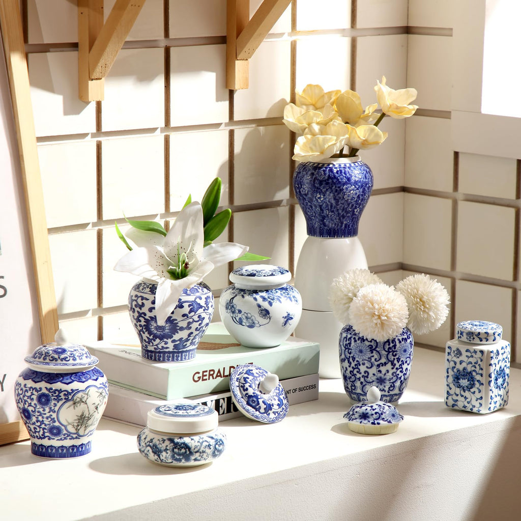 8 Pcs Blue White Ginger Jars with Lids Chinoiserie, Retro Style