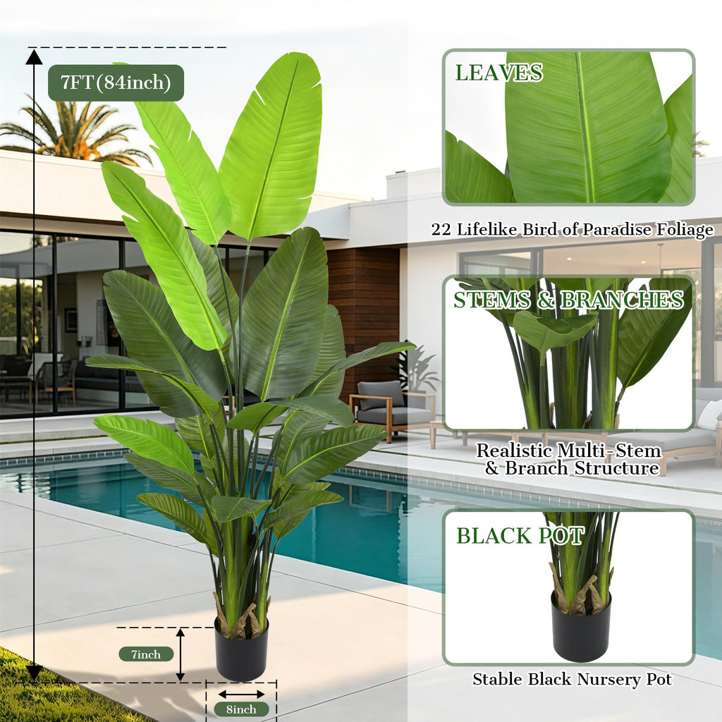 7FT Artificial Bird of Paradise Tree, 84 Inch Tall Faux Tropical Floor Plant with 22 Lifelike Leaves, Large Fake