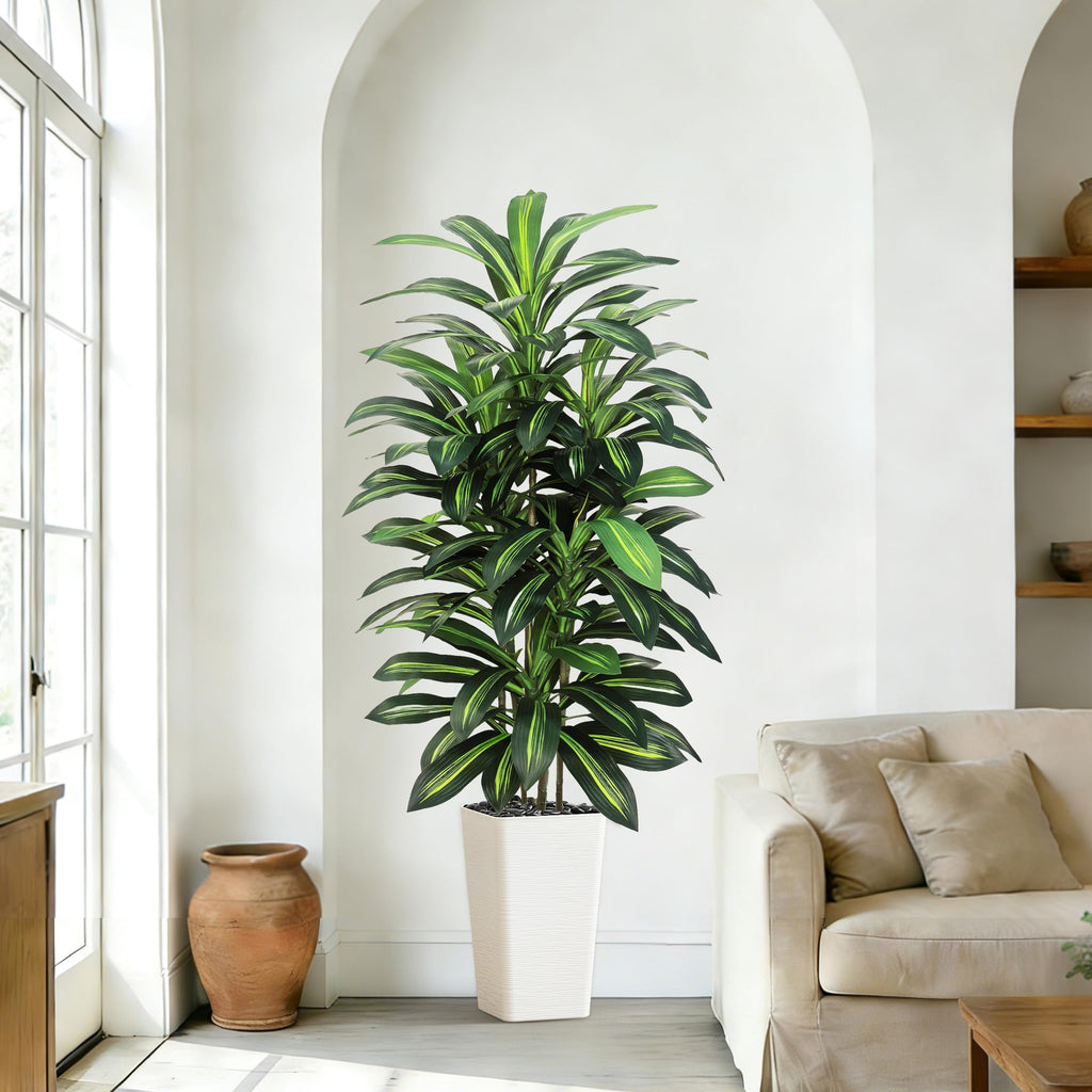 Artificial Dracaena Tree 6FT, faux plants indoor with White Tall Planter