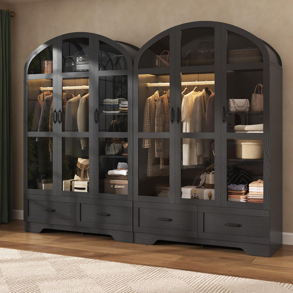 75"Arched Wardrobe Closet with 3 Doors, Bedroom Armoire with LED & Drawers