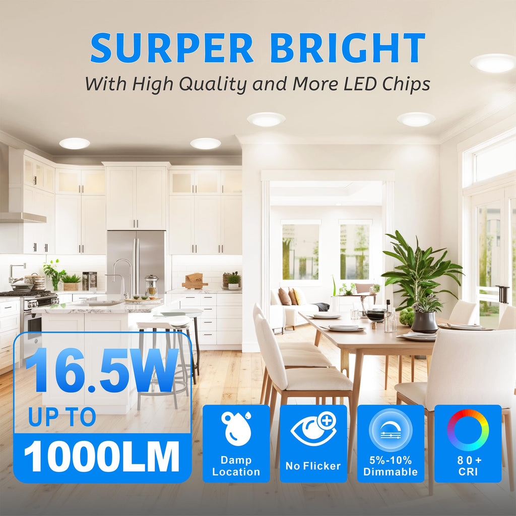 6" Dimmable LED Disk Light, 16.5W 1000Lm 3000K Warm White, Low Profile Flush Mount Recessed Retrofit Ceiling Lights