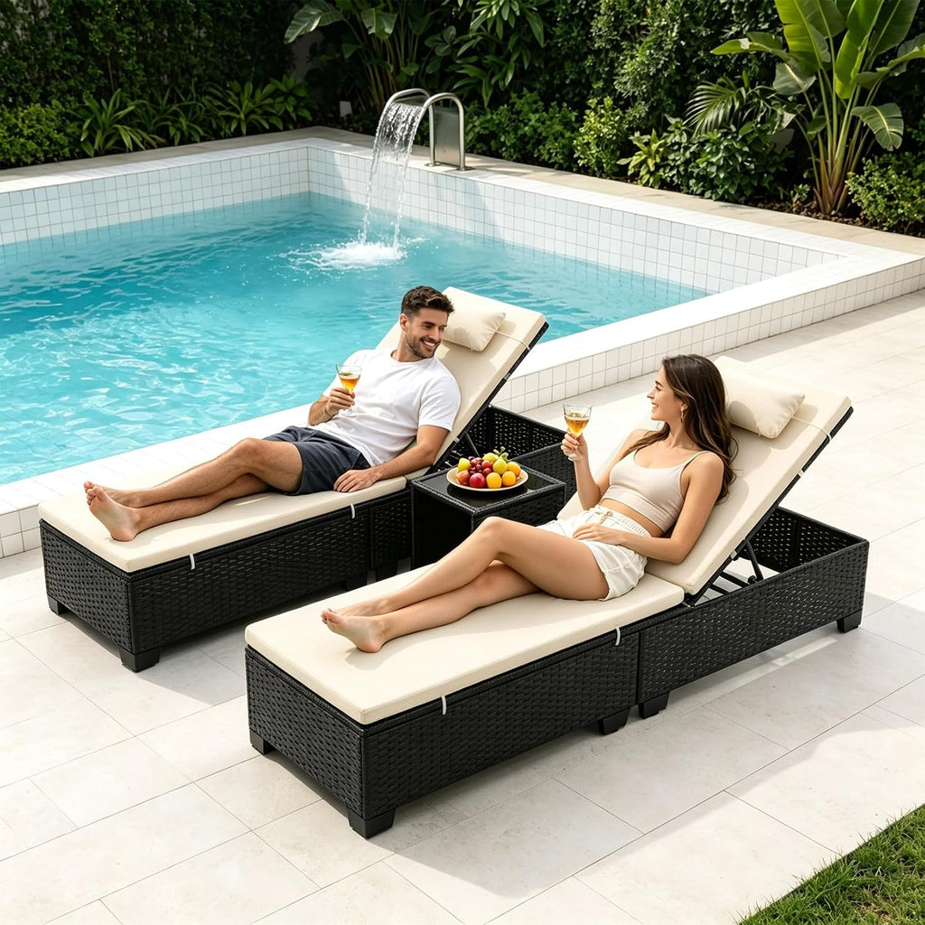 3-Piece Outdoor Lounge Chairs Set, Chaise Lounge Patio Chairs with Coffee Table, Adjustable Wicker Chairs