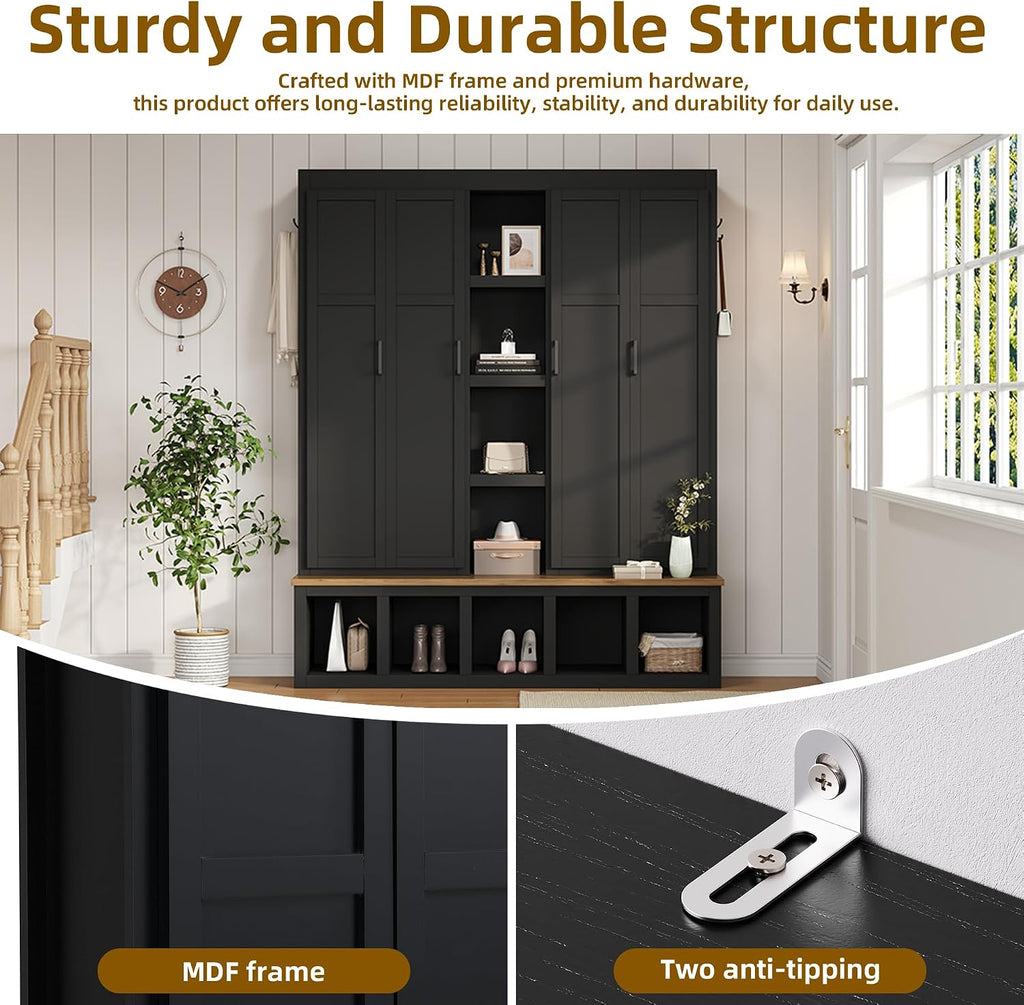 Modern Farmhouse Hall Tree with Bench, 4-in-1 Entryway Storage Cabinet & Shoe Organizer with Hooks, Black