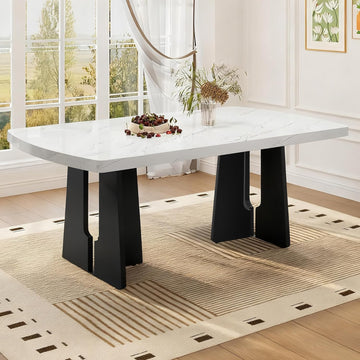 63" Faux Marble Dining Table for 6-8, Rectangular Kitchen Table with Unique Base, MDF Marble Look Top with Rubber