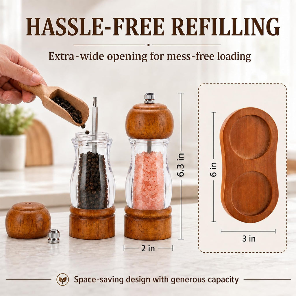 Manual Salt and Pepper Grinder Set, Oak Acrylic Mills with Tray - Set of 2