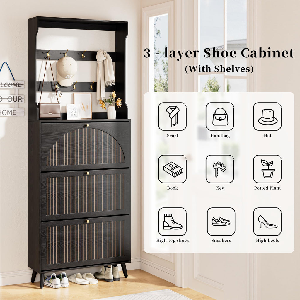 Shoe Storage Cabinet with 3 Fluted Flip Drawers & Coat Rack, Black