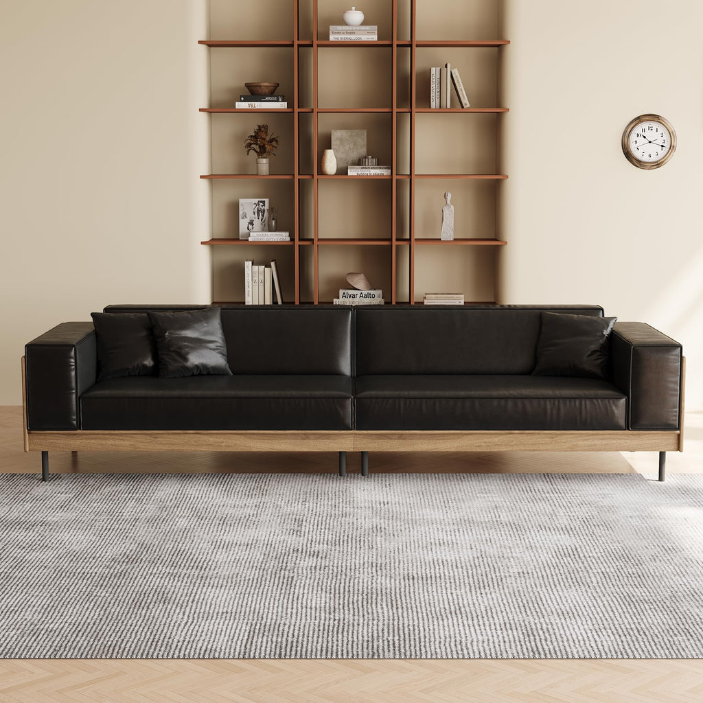106.29" Black Leather 4-Seater Mid-Century Modern Sofa