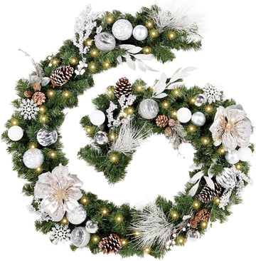 Pre-lit 9 Feet/108 Inch Christmas Garland, White & Silver Lighted Garland with 50 LED Lights for Indoor Outdoor Xmas