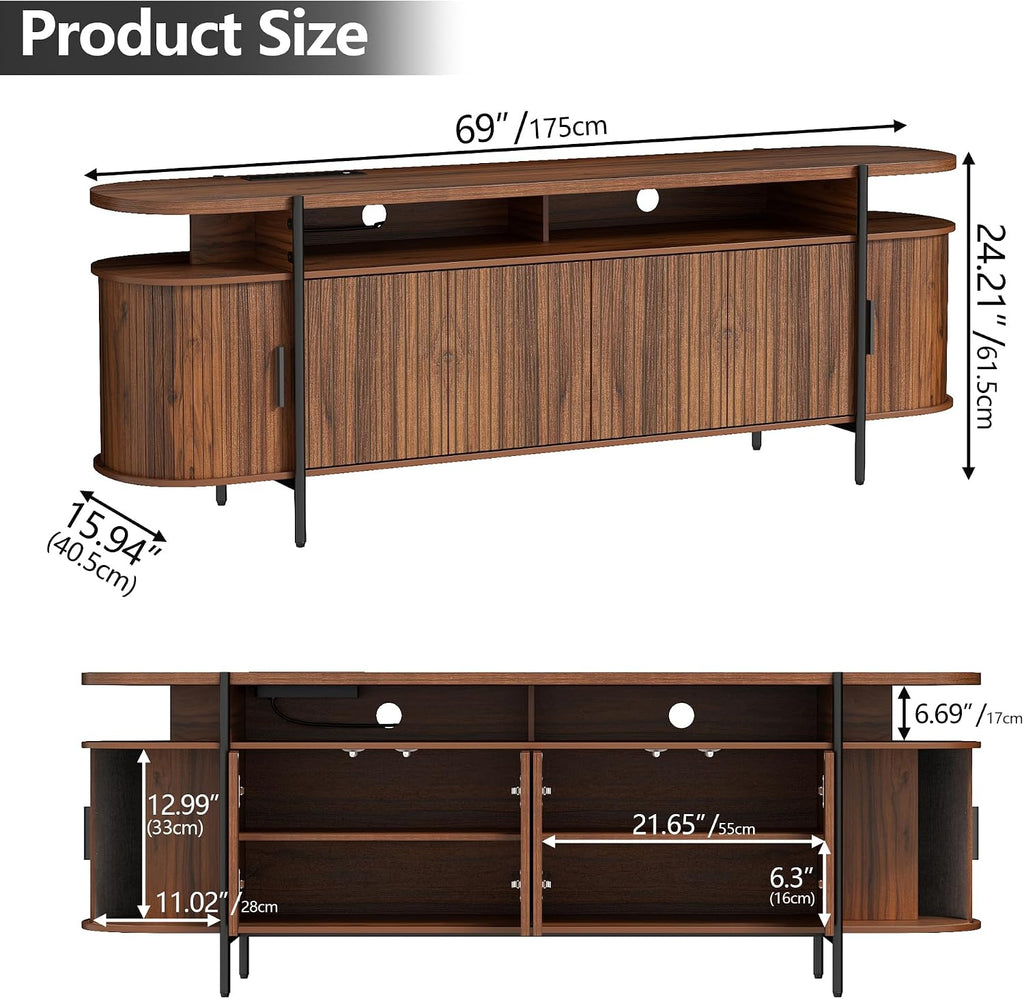 69" Mid Century Modern TV Stand, Curved Entertainment Center with LED Light & Power Outlet, Fluted Wood TV Stand for