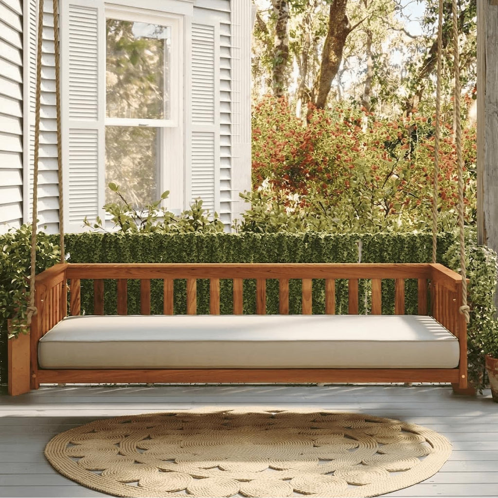 Charleston Outdoor Daybed Swing with Ropes - Crib Size Porch Swing Bed Made from Acacia Wood in Natural Finish