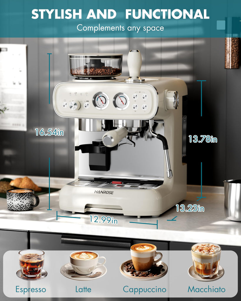 Espresso Machine with Grinder and Milk Frother, 20 Bar ULKA Pump