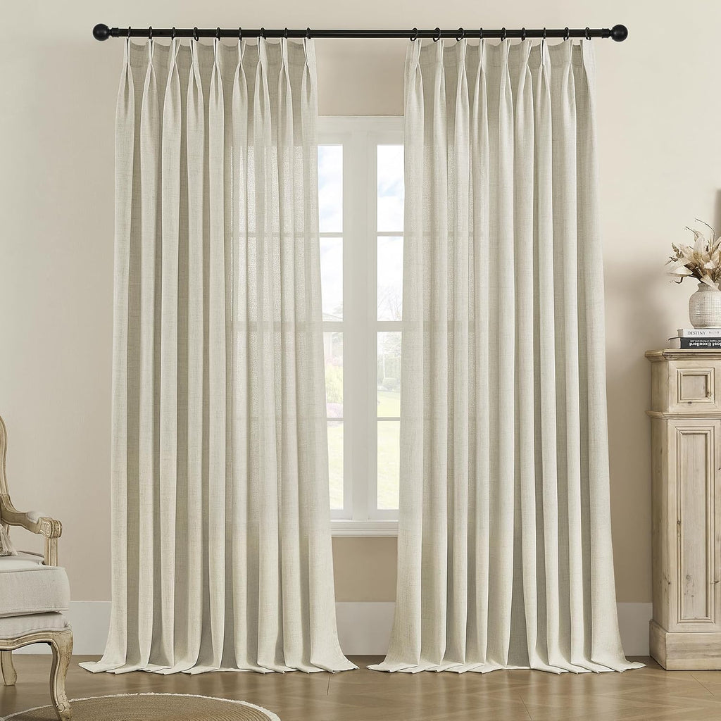 Faux Linen Pinch Pleated Curtain, Extra Long Pinch Pleat Semi Sheer Drapes with Hooks for Traverse Rod, Light
