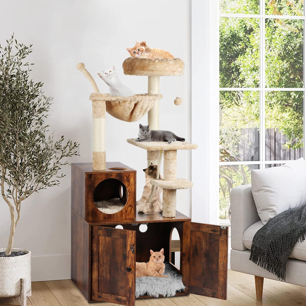 Cat Tree with Litter Box Enclosure, 2-in-1 Cat Tower