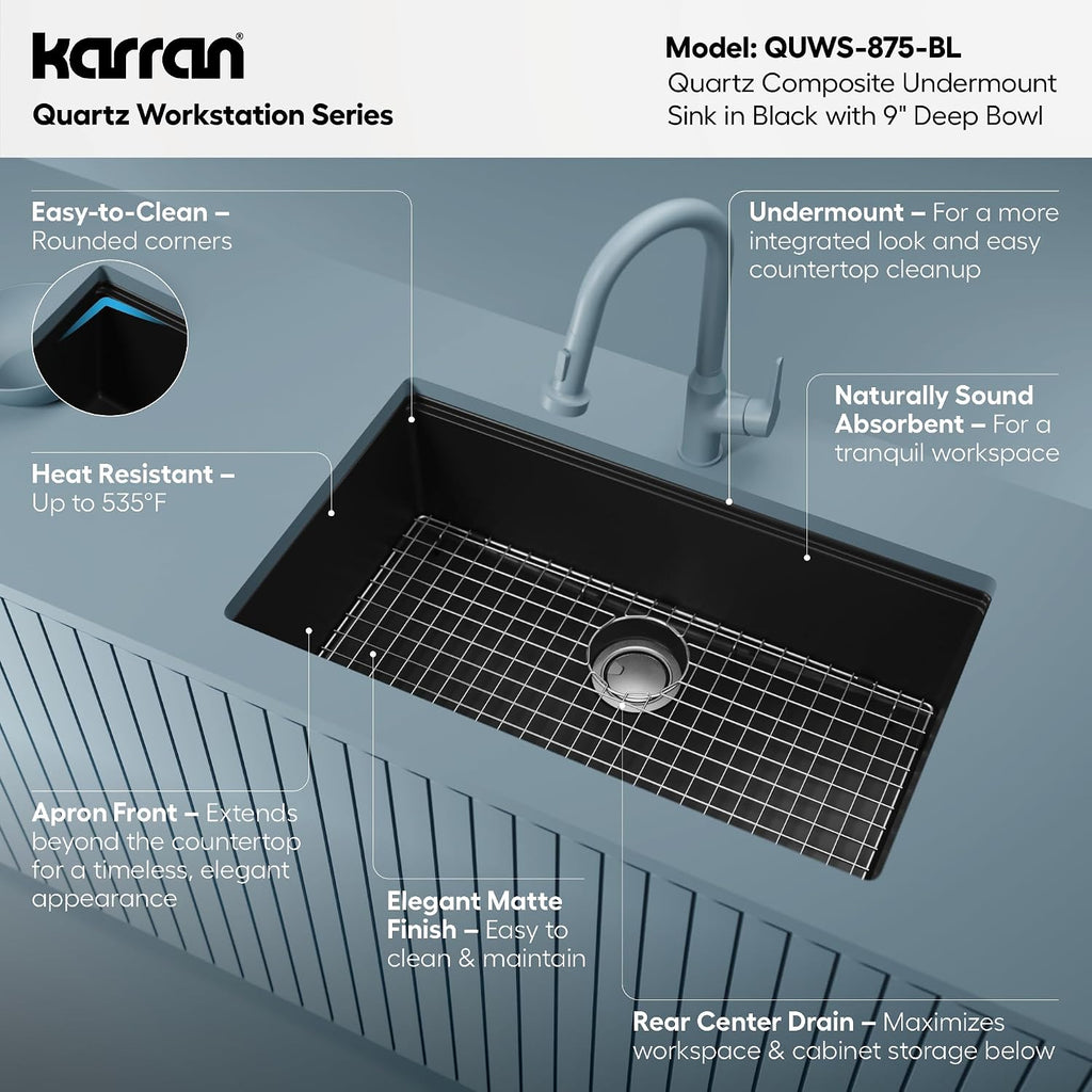 33" Undermount Quartz Composite Workstation Sink, Black | Black workstation sink includes cutting board, colander