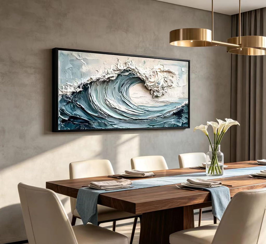 Large Abstract Textured Wave Wall Art, Blue Ocean Canvas Painting