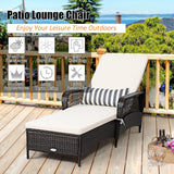 PE Rattan Chaise Lounge Chair, 6 Gear Adjustable Recliner with Armrest & Pillow, Wicker Outdoor Furniture for Deck
