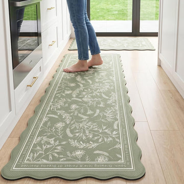 Scalloped Sage Green Minimalist Line Herb Leaves Kitchen Rug Sets [2 PCs], Anti-Fatigue, Waterproof Non-Slip Kitchen