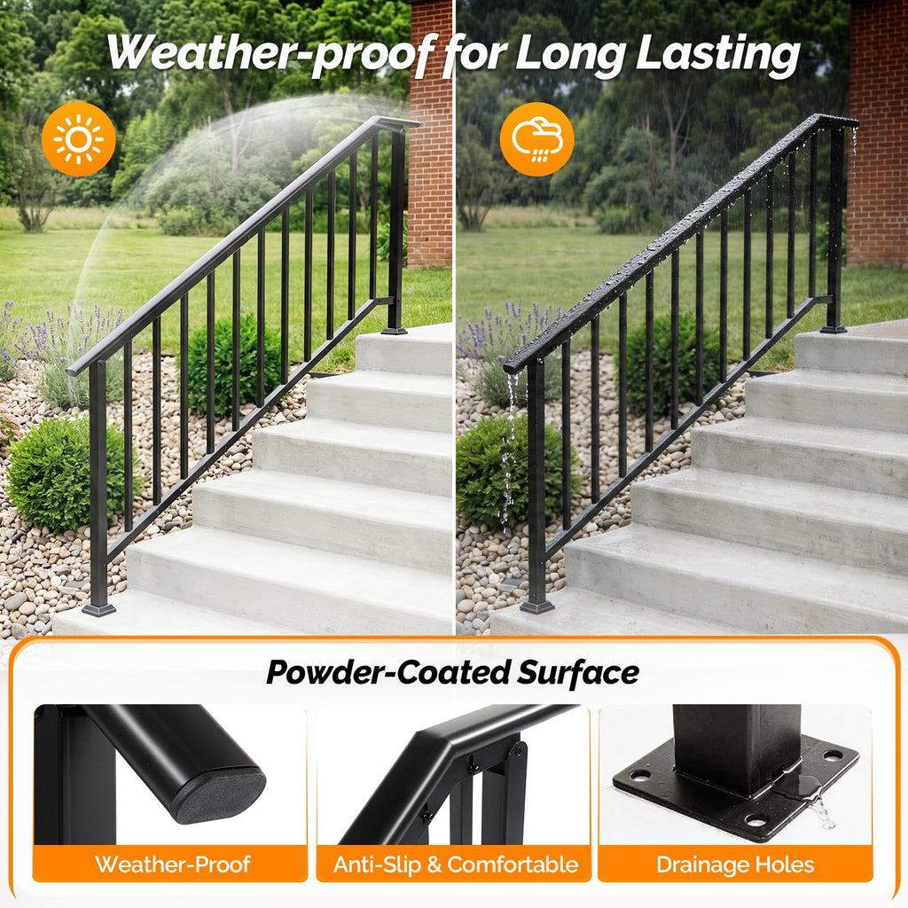 Handrails for Outdoor Steps Fits 5-6 Steps, Stair Handrail with Drainage Holes & Straight Ends, Wrought Iron Hand