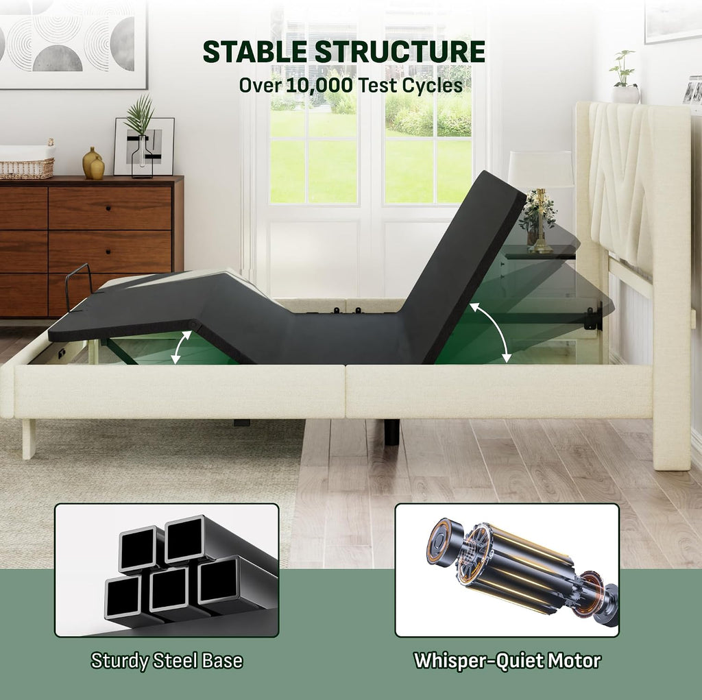Queen All-in-One Adjustable Bed Frame with Upholstered Bed Frame Headboard, Electric Bed with Remote Control