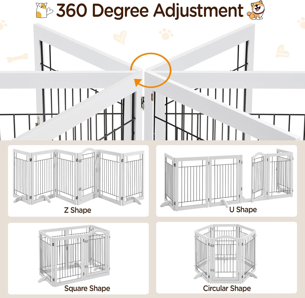 32-inch Tall Dog Gate with Door Extra Wide Pet Gate for Dogs, Foldable Wire & Wooden Puppy Safety Fence w/3 Support