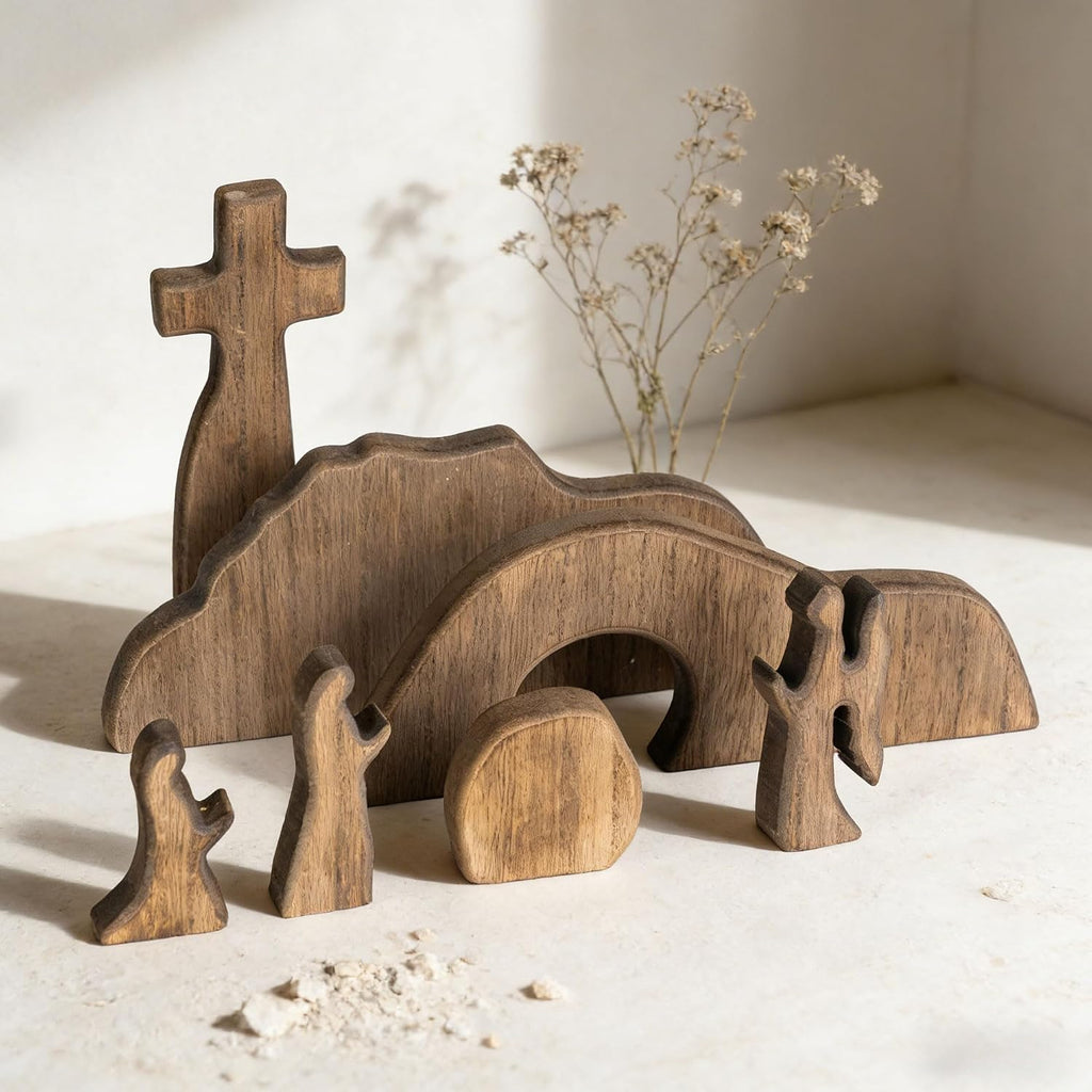 Empty Tomb Easter Scene and Cross Decoration, Wooden Jesus Resurrection Nativity Set, Religious Christian Tabletop - Set of 7